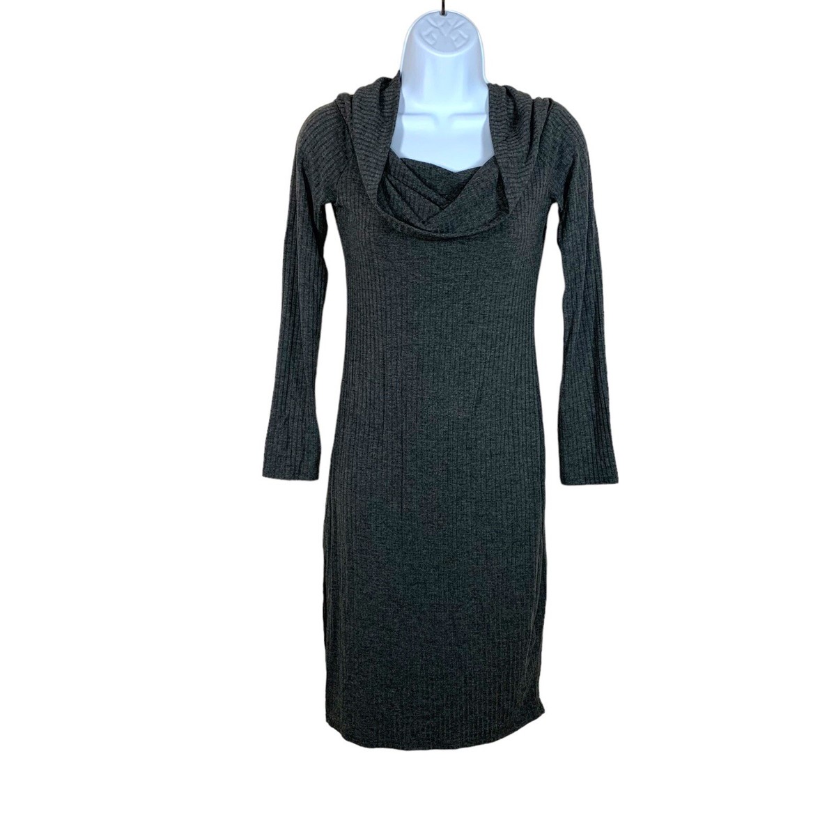 Medium Grey Cowl Neck Knit Sweater Dress Long Sleeve Stretch Wasabi And Mint