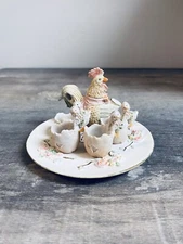 Rooster with Chicks in Cracked Egg Miniature Tea Set
