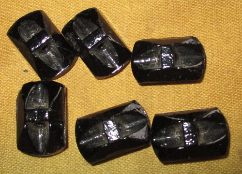 SET 6 ANTIQUE BUTTONS - OBLONG BLACK GLASS w GOLD INCISED PAINT PAISLEY DESIGNS - Picture 2 of 2