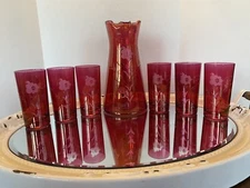 VINTAGE FEDERAL CRANBERRY GLASS PITCHER SET 6 GLASSES ETCHED FLORAL