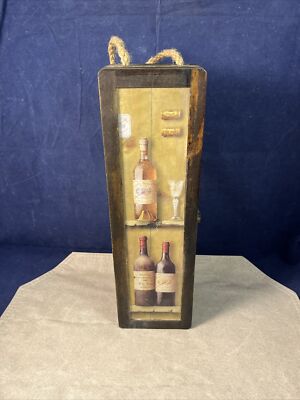 Wood Hinged Latched Single Wine Bottle Box Carrier W/ Rope For Hanging