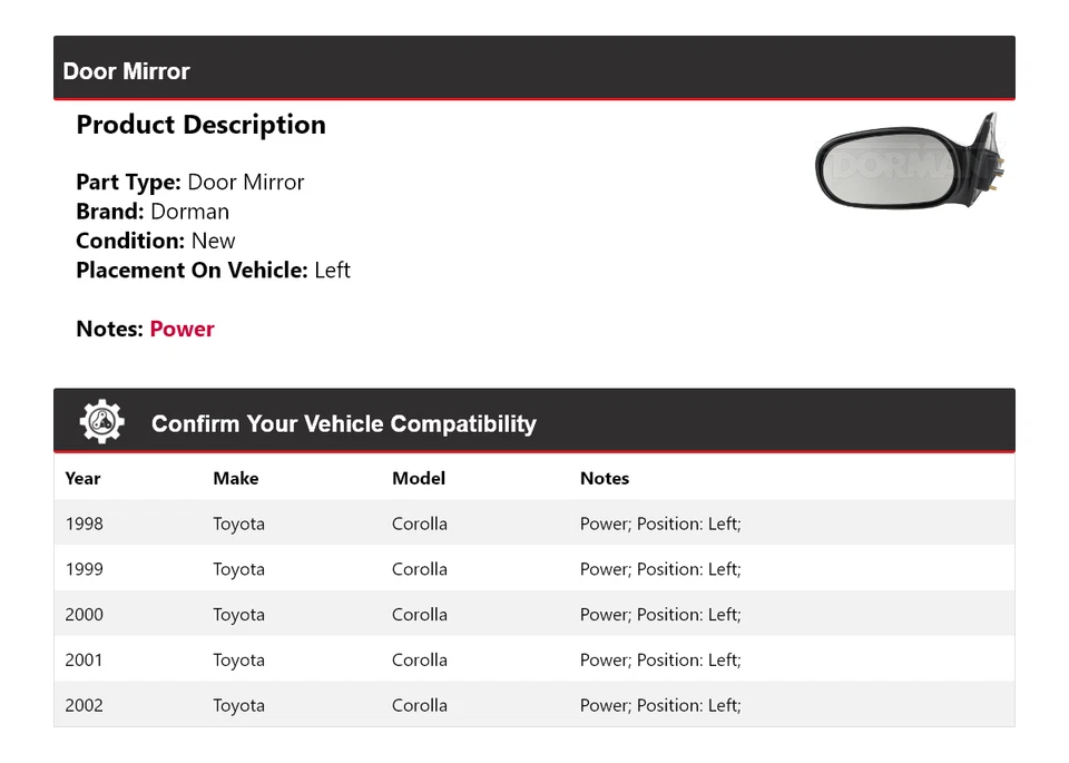 Espejo retrovisor izquierdo Toyota Corolla Dorman 1998-2002 1999 2000 2001 Foto 2 de 4