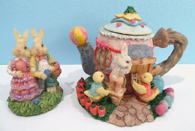 Easter Village Teapot House & Couple Bunny Rabbit Figures Resin 3''