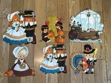 Vintage Pilgrims Indians Mayflower Hallmark Thanksgiving Die Cut Paper