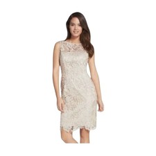 Adrianna Papell Champagne Lace Overlay Illusion Elegant Sheath Mini Dress Size 6