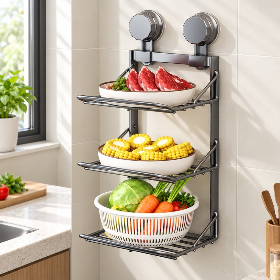 Foldable Wall Mounted Rack Three Tier Kitchen Shelf Organizer for Quick ...