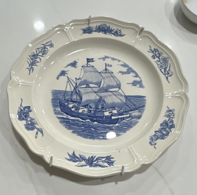 Wedgwood Blue & White Sailing Ship Round Ceramic Plate, Glossy Decorative
