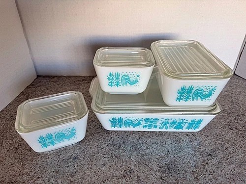 Vtg Set PYREX 503, 502, 501 x 2 REFRIGERATOR DISHES TURQUOISE AMISH BUTTERPRINT