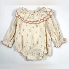 CHICKPEA Girls Organic Long Sleeve Floral Ruffle Romper 3-6M Cottagecore Cream