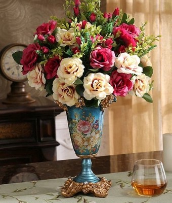 Artificial Rose Flower Arrangement in Ornate Blue Vase, Red Cream Green