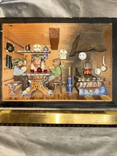 Vintage German 3D Wood Carving Shadow Box Diorama Music Box Folk Art 7x9”
