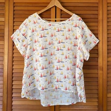 Cynthia Rowley Top Women's Plus Size 1X Short Sleeve 100% Linen Sailboat Beachy