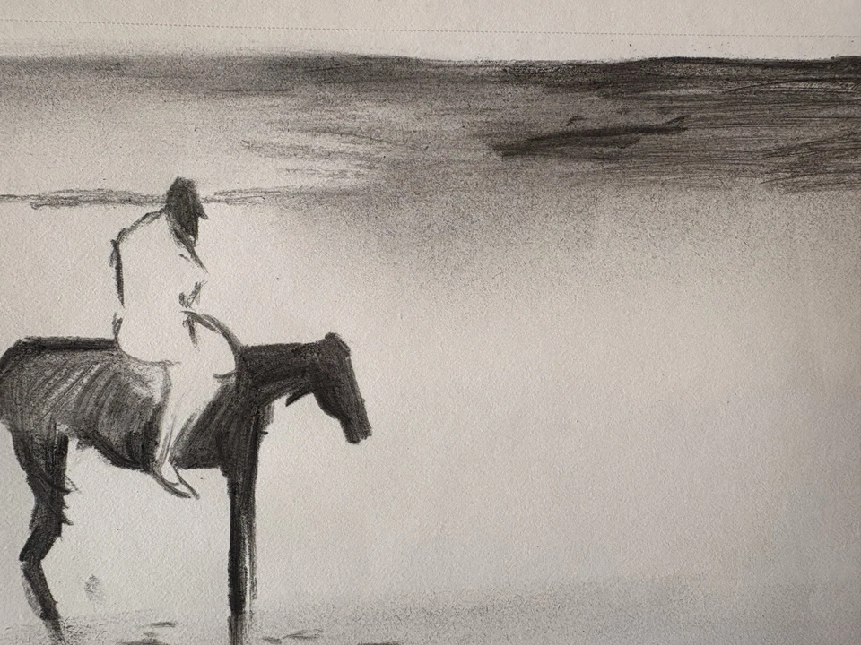 "Caballo de nieve vaquero dibujo carbón sobre papel 5""x8"" pequeño arte original" Foto 2 de 2