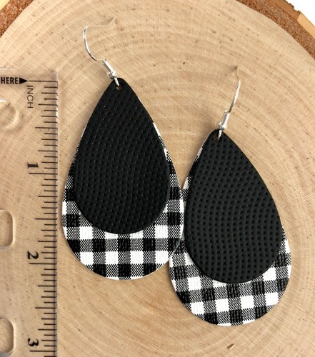 Faux Vegan Leather White Black Buffalo Plaid Teardrop Dangle Earrings Checkered - Picture 4 of 7
