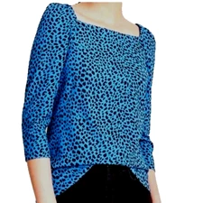 NWT Ann Taylor Loft Blue Black Animal Print Square Neck Top Puff Sleeve Womens M