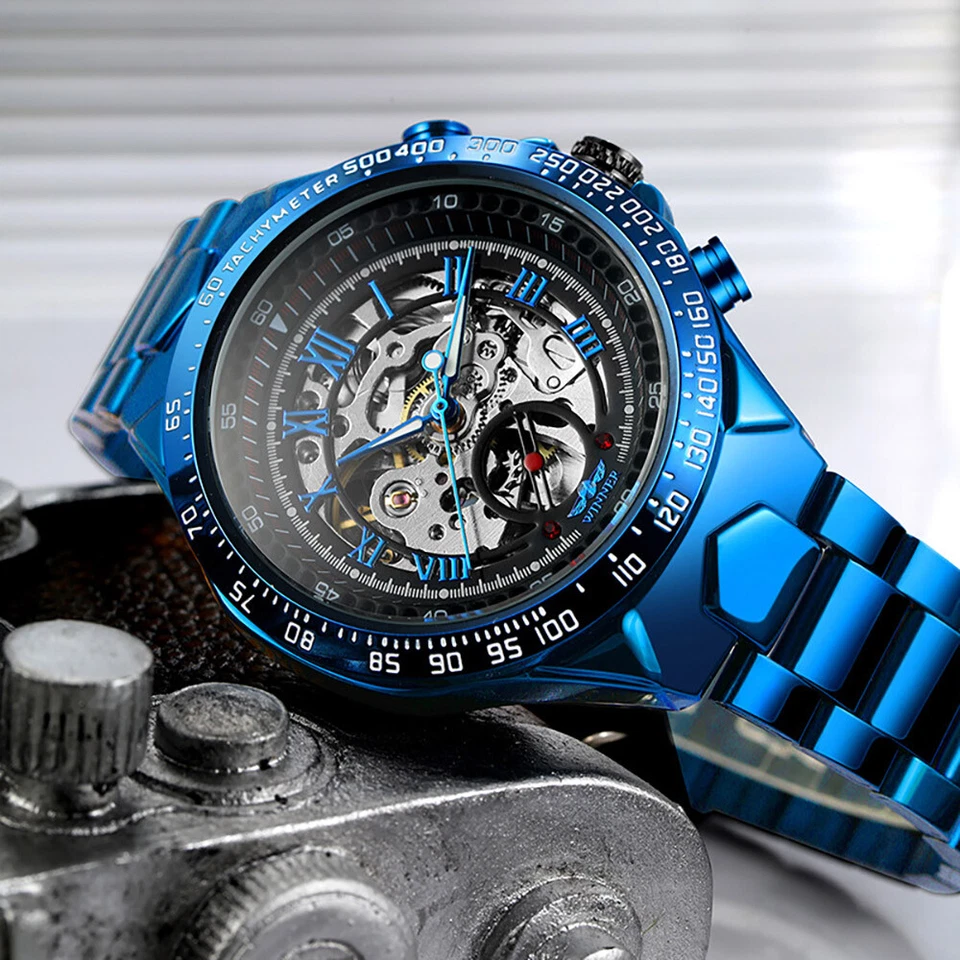 Reloj mecánico automático esqueleto de lujo de acero inoxidable para hombre WINNER Foto 3 de 4