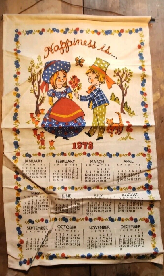 Vintage 1978 Kitchen Towel Year Calendar Happiness is...PURE LINEN NEW
