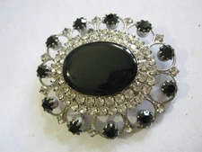50s Classy Formal Black Glass & Rhinestone 2" Oval Brooch, Claw/Prong Set Stones