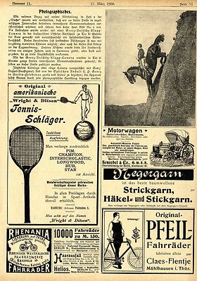 Tennis- Schläger Wright & Ditson Fahrräder Fahrrad-Lampen Taschen- Wecker v.1900