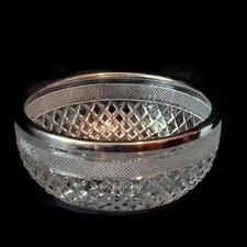 8.5" Wide Glass Diamond Cut Serving Bowl With Silver Plated Rim