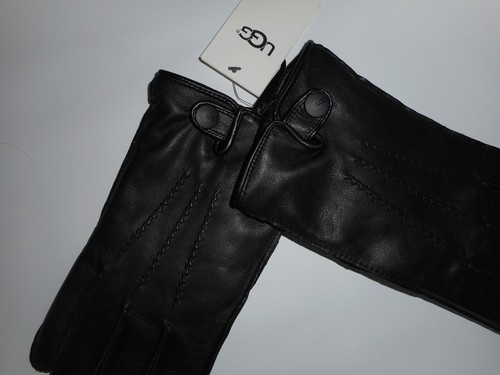 UGG for Men TECH TOUCH Black LEATHER Faux Fur Lined Snap GLOVES Mens LARGE NEW - Picture 2 of 3