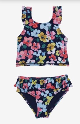 Joules Girls Laurielle Navy Floral Two Piece Swim Suit Tankini Ruffle Size 8