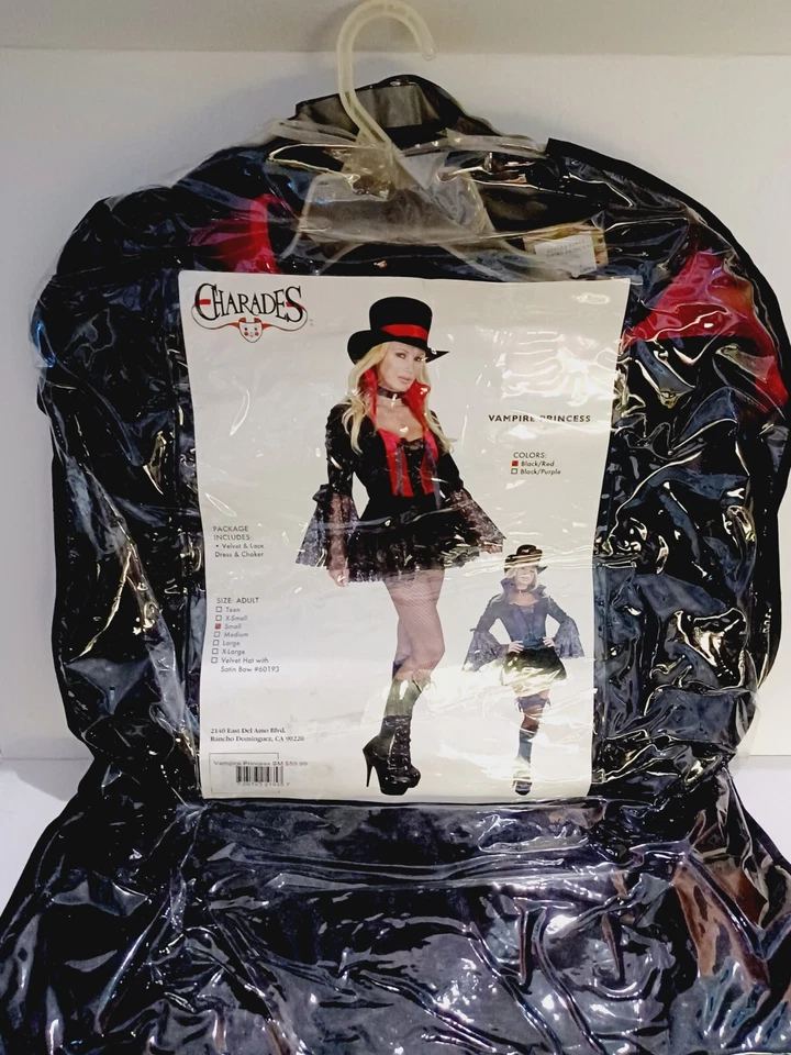 Pequeño Vestido Negro y Rojo Terciopelo y Encaje Princesa Vampiro Adulto con Gargantilla Disfraz Foto 2 de 3