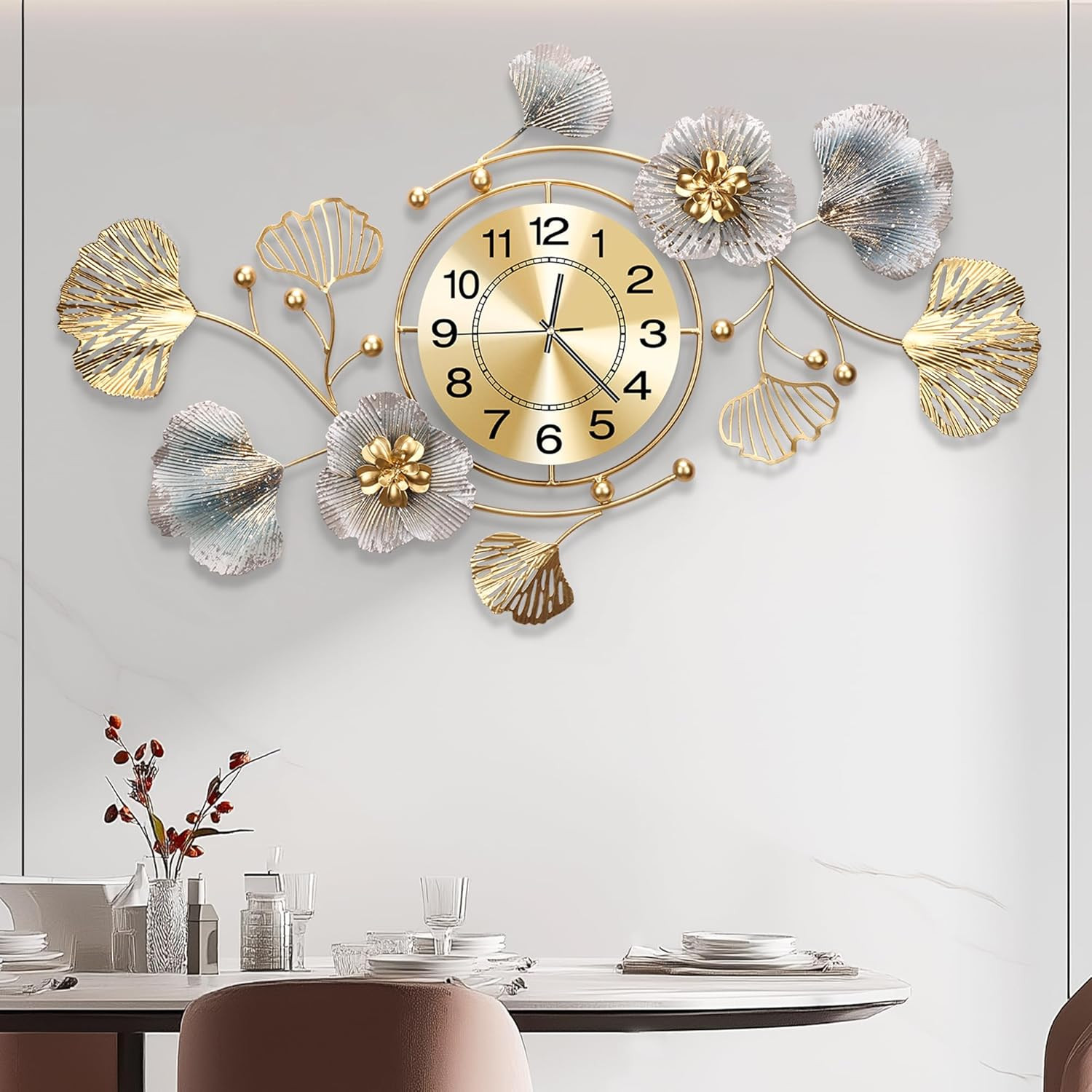 Large 3D Silent Ginkgo Leaf Wall Clock for Living Room & Bed