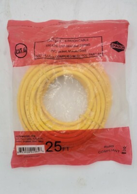 Shaxon Cat6 Patch Cable 550 MHz UTP Stranded 24AWG 25ft Yellow 50U Plugs 