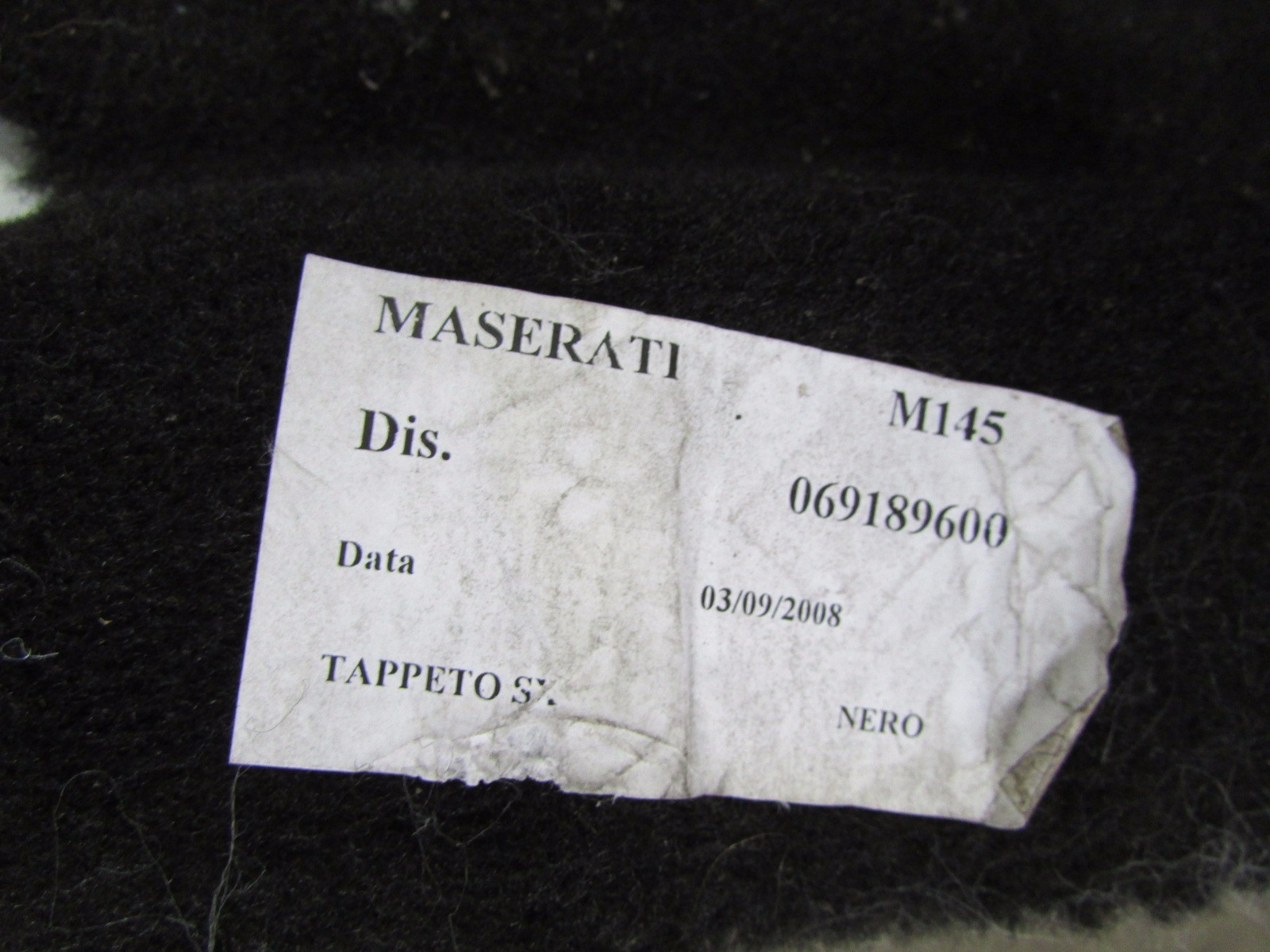 Maserati Granturismo, LH Left Black Floor Carpet, Used, P/N 69189600