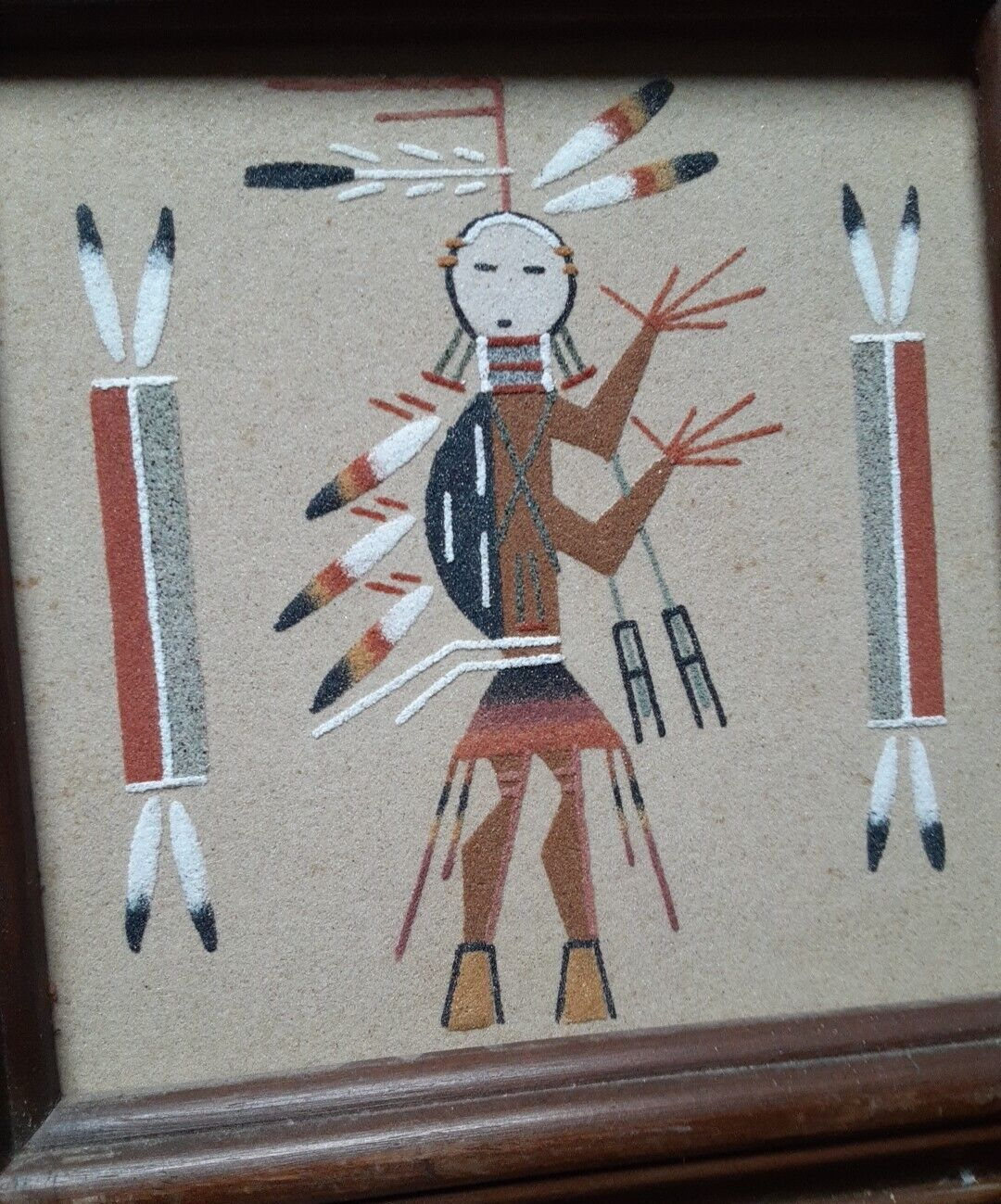 Hand Made South Western Sand Art Figure in Wood Frame Hunch back  Yei