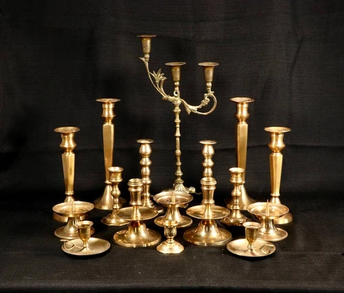 Vintage Lot 17 Brass Candle Holders Assortment Variety of Sizes & Designs