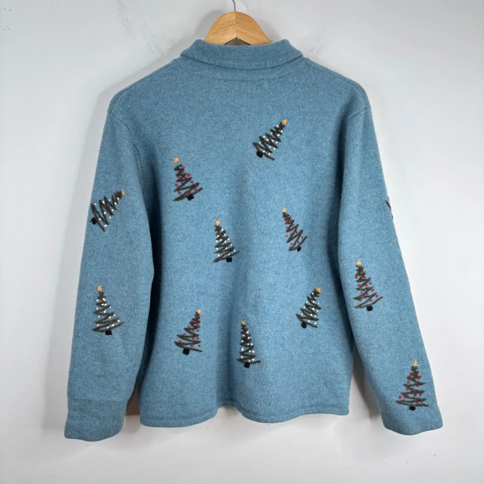 Cárdigan de Navidad de lana bordado L árboles cabaña neutro abuela esquí vacaciones Foto 4 de 4