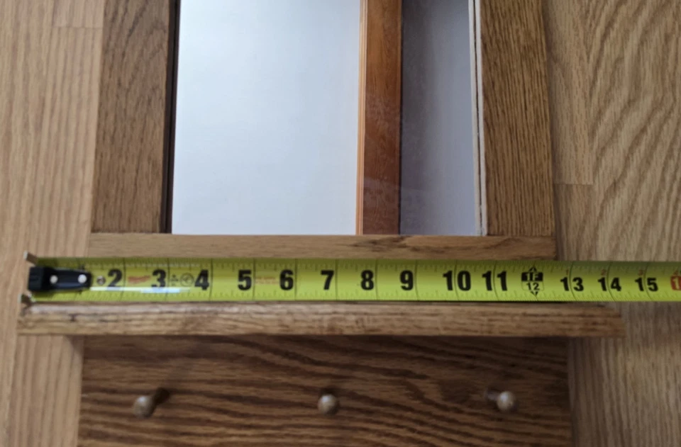 Vintage Solid Oak Wall Mirror with Shelf & 3 Peg Hooks Rustic Country 21x13 - Image 4 of 4