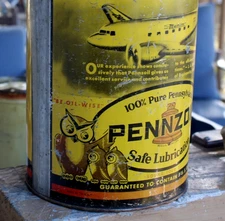 OWL & AIRPLANE GRAPHIC ~1940s era PENNZOIL MOTOR OIL Old 5 quart Metal Can