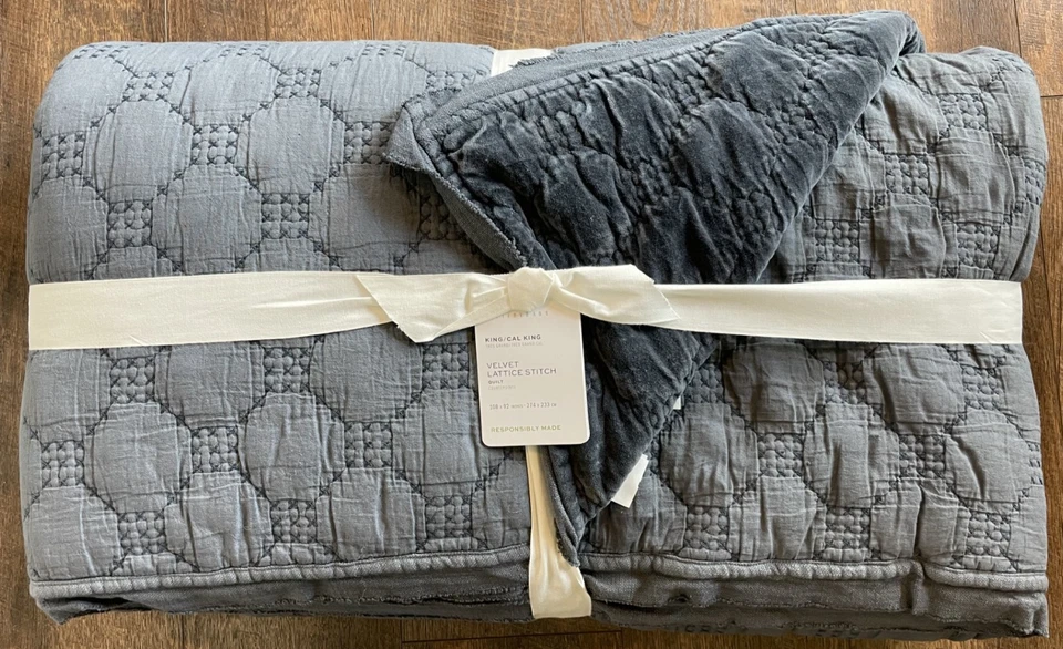 Nuevo edredón Pottery Barn Velvet Lattice King y 2 fundas estándar ~ azul cobalto~ Foto 2 de 4