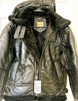 B3 RAF Aviator Shearling Bomber Jacket Black Ginger Fur Hood Sheepskin (MEDIUM)