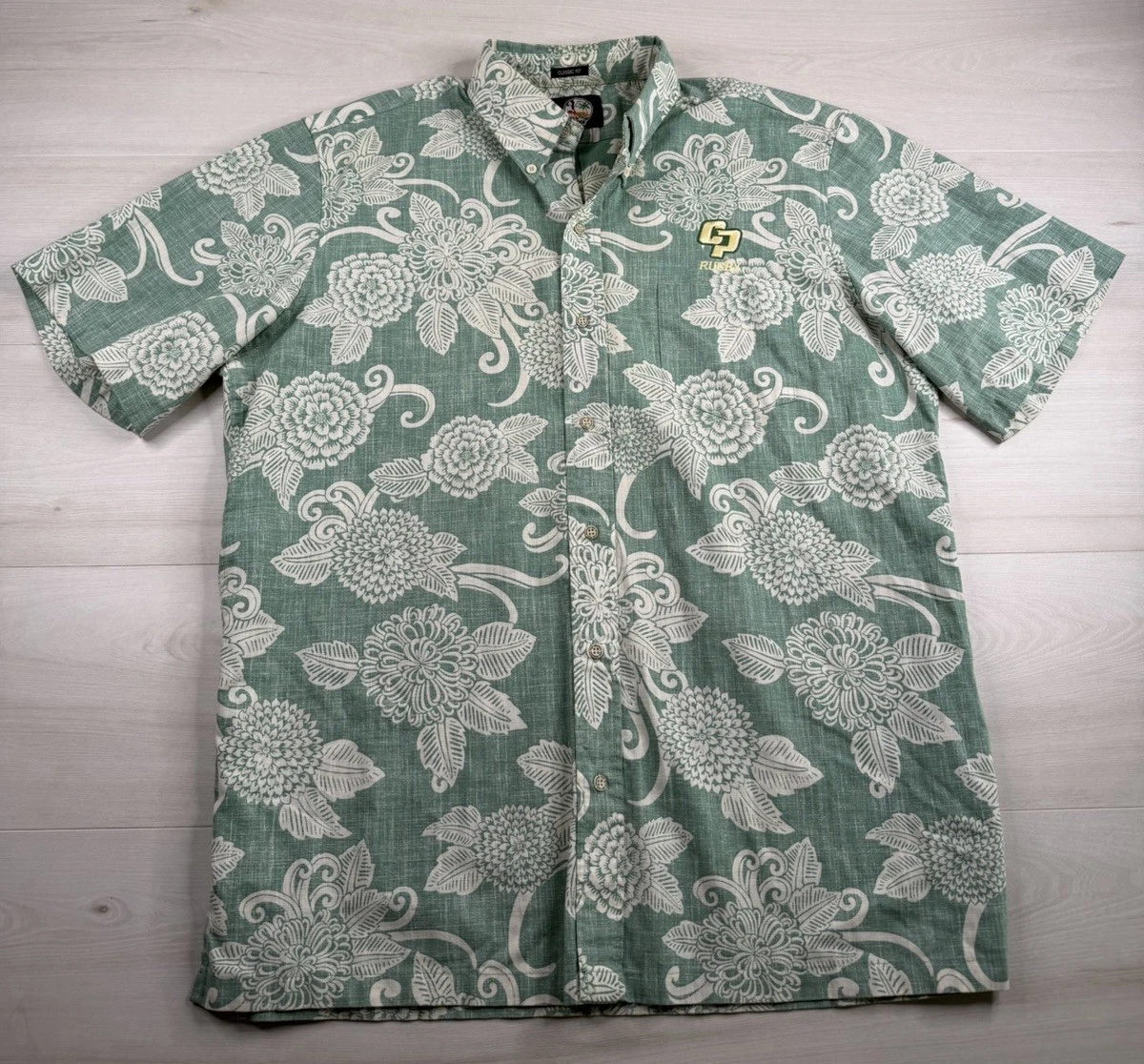 Reyn Spooner Classic Fit Hawaiian Shirt Green Floral Cal Poly Rugby AOP Mens L