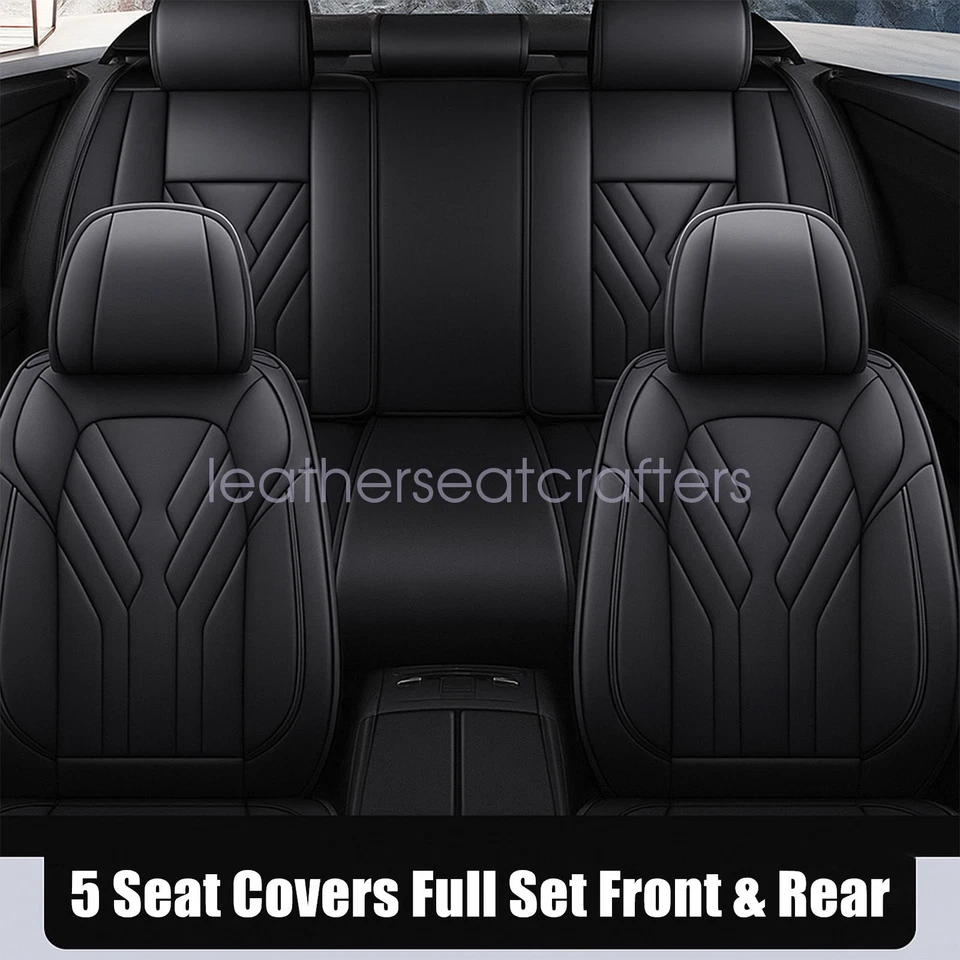 Full Set 5 Seat Cover Front & Rear PU Leather Protector Cushion Black For Toyota - Image 2 of 4