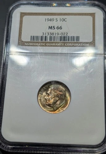 1949-S Roosevelt Dime Ngc MS/66 Awesome Toning Old Fatty Holder Very Clean...