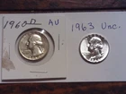 Washington Silver Quarters Lot of 2 90% Silver 1960D AU and 1963 UNC