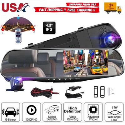 1080P HD Rearview Mirror Car DVR Dual Dash Cam Camera Front Rear Video Recorder