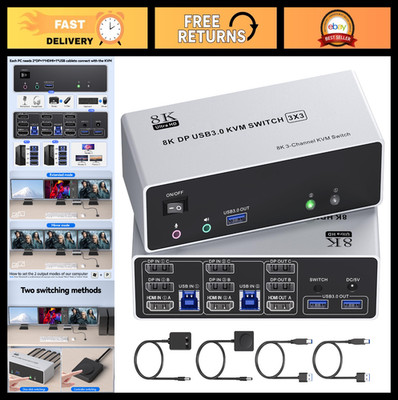 KVM Switch for 3 Monitors, 2 PCs, 4K@144Hz, USB 3.0, HDMI & DisplayPort, Remote