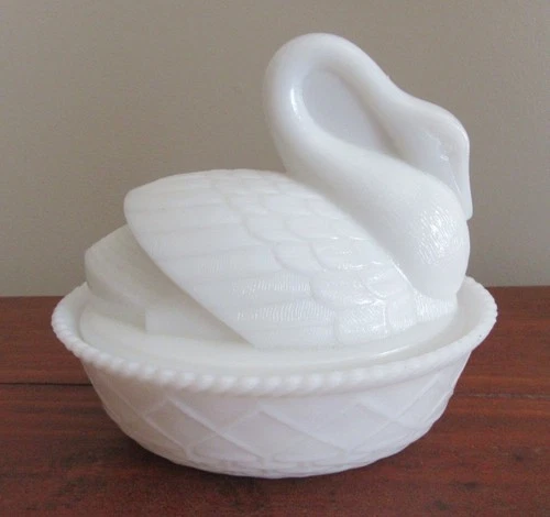 Vintage Milk Glass Swan on Basketweave Nest