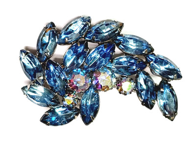 Vintage Brooch Blue Navette and AB Rhinestones Comma Paisley Silver Tone