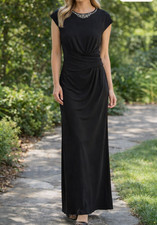 Chaps Black Embellished Maxi Dress Gown Size 4 – Gathered Waist & Back Slit