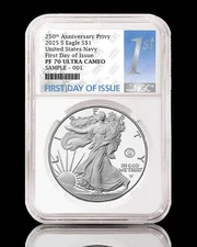 2025 s silver eagle navy 250th anniversary privy ngc pf70 first day 1st presale