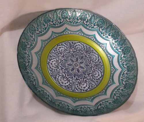Metal Bowl Floral Embossed Mandala Silver Aqua Chartreuse Blue LG 15-5/8" W