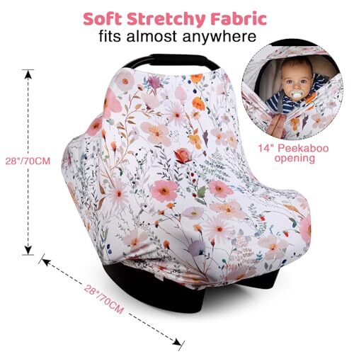 Car Seat Cover Baby, Carseat Cover for Boy Girl, White Dinosaur Wild Flower - Picture 3 of 8