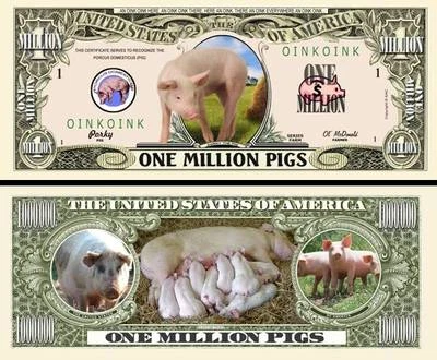 Pig Lover's Million Pigs Dollar Bill Play Funny Money Novelty Note + FREE SLEEVE